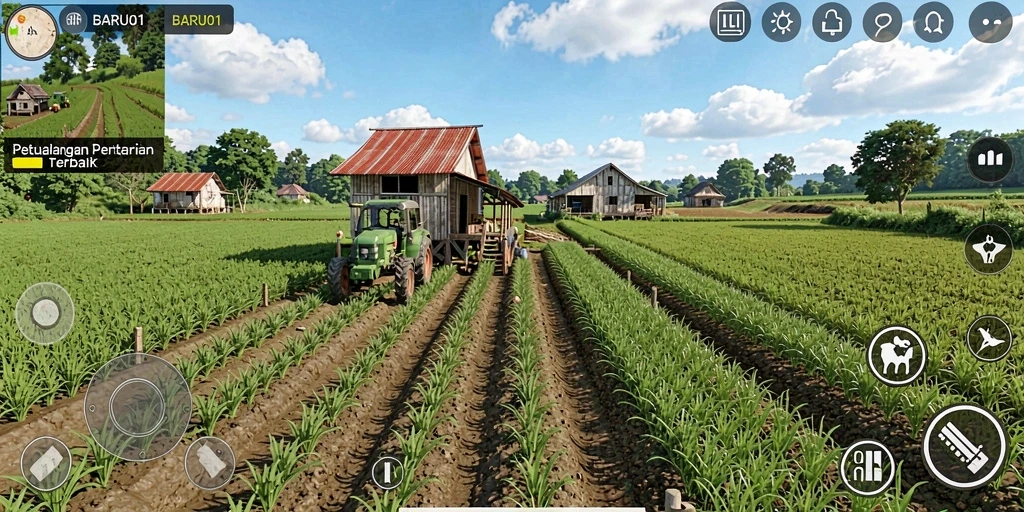 Tangkapan layar gameplay BARU01 menampilkan suasana kebun yang cerah dan interaktif.