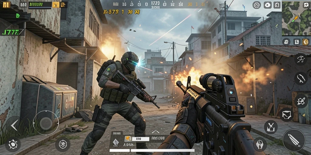 Screenshot utama JT777 menampilkan aksi seru dalam pertempuran FPS.